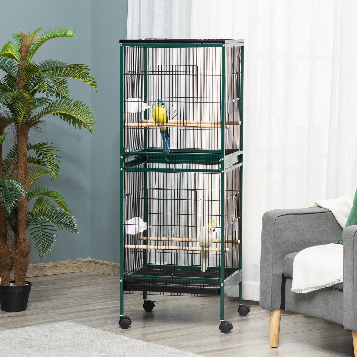 Vogelkooi Binnen – Vogelkast – Vogelkooi Groot – Vogelkooi Met Wieltjes – Vogel Kooi Groen – Ruime Metalen Kooi – 4 Deuren – Makkelijk Verplaatsbaar