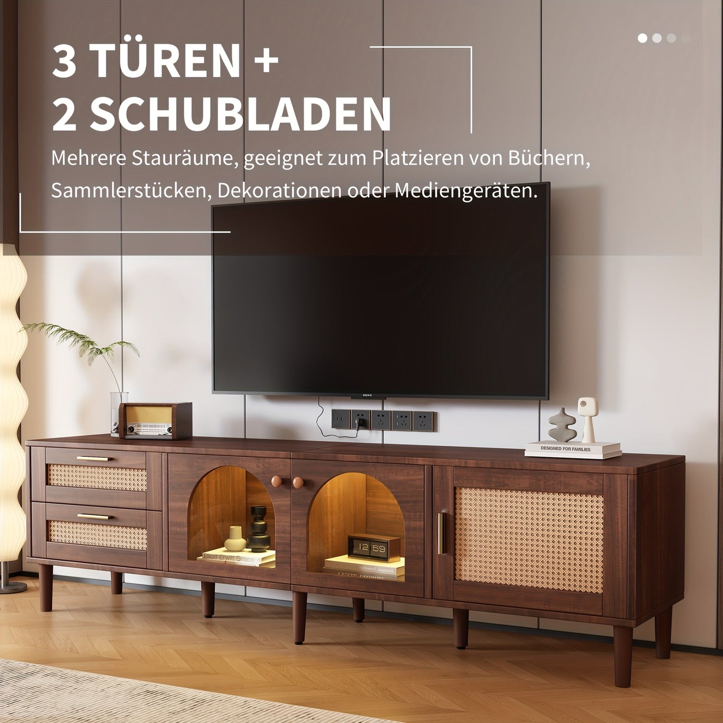 Tv-kast – Tv-meubel – Mediameubel – Tv-console – Bruin – Gebogen Glazen Deuren – Rattan Lades – 203,2 cm Breed – Geen Montage Nodig