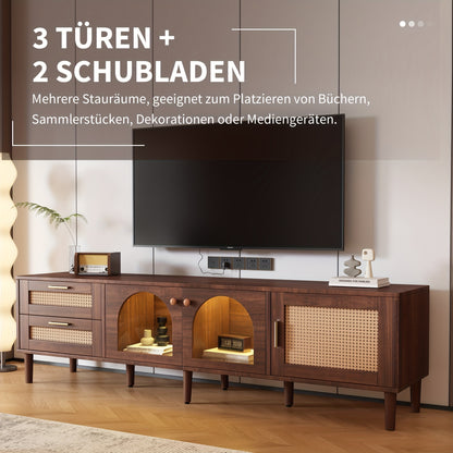 Tv-kast – Tv-meubel – Mediameubel – Tv-console – Bruin – Gebogen Glazen Deuren – Rattan Lades – 203,2 cm Breed – Geen Montage Nodig