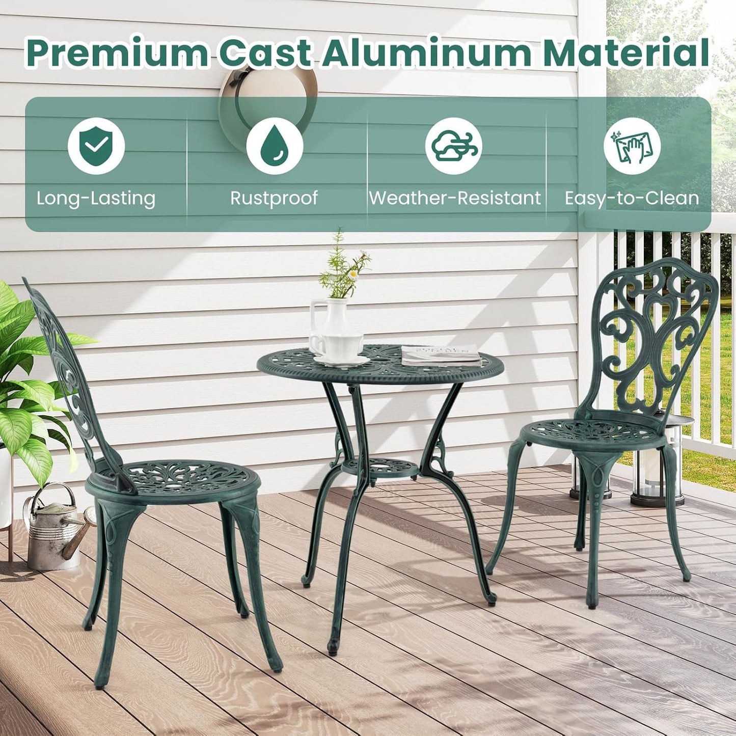 3-delige Bistro Set – Tuinset – Balkonset – Buitenmeubel – Terras Meubilair – Gegoten Aluminium – Weerbestendig Met Parasolgat