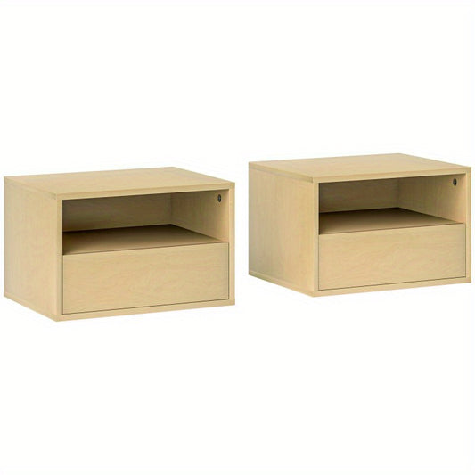 Nachtkastje – Zwevend Nachtkastje – Wandkastje – Bijzettafel – Ladekastje – Set van 2 – Compact 45x35x27,5 cm – Natuurlijke Houtlook