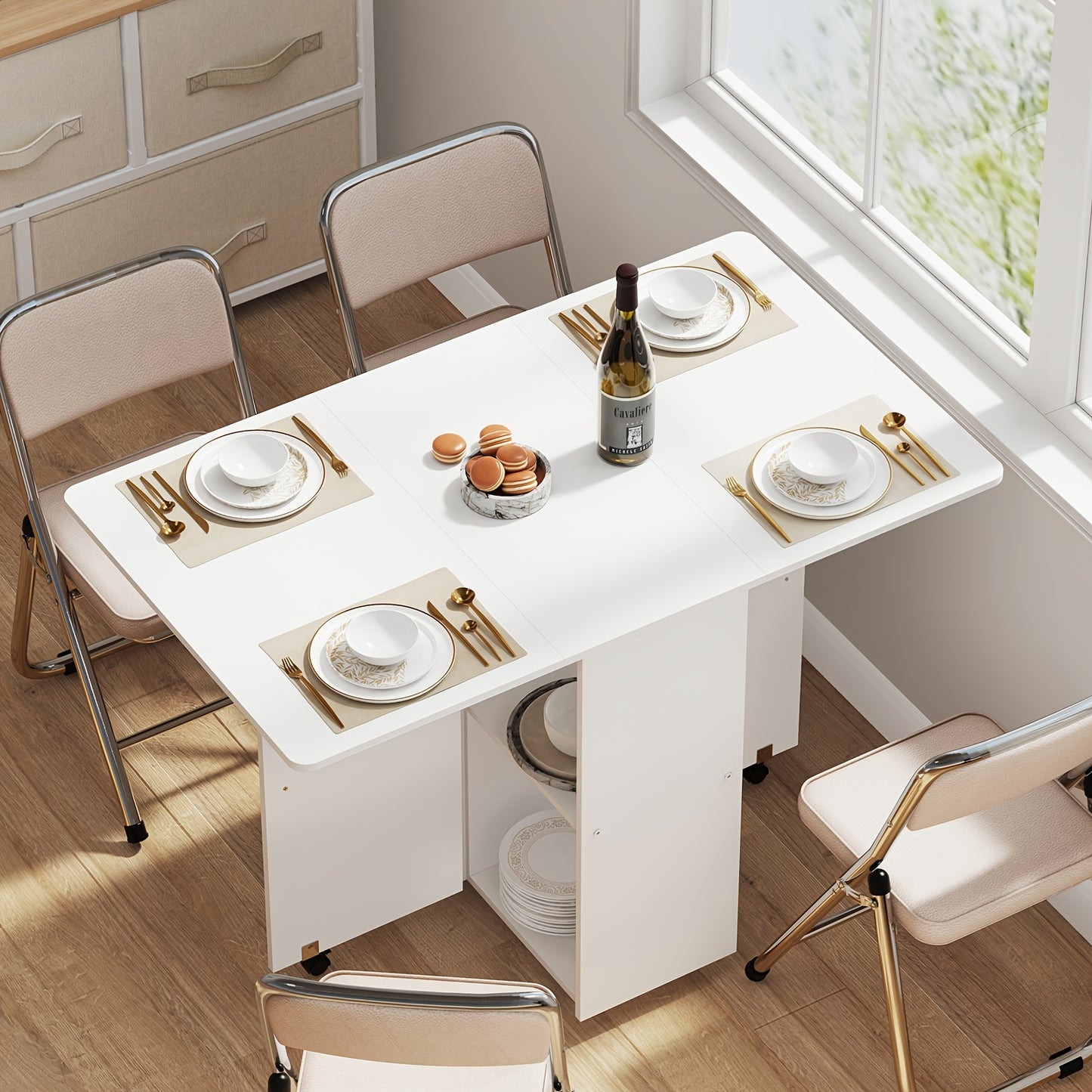 Inklapbare Eettafel – Opklapbare Tafel – Uitklapbare Tafel – Ruimtebesparende Tafel – Multifunctionele Werktafel – Met Lade en Opbergruimte – Grote Tafelplaat 109x71 cm – Wit MDF Krasbestendig