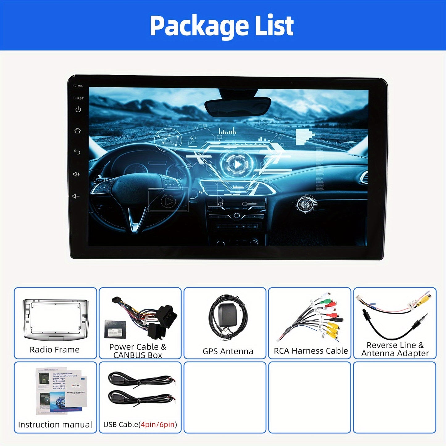 Multimedia Car Stereo – 2-DIN Autoradio – Auto Audio Systeem – Inbouw Radio – Touchscreen Radio – 10 Inch IPS Scherm – 4+64GB Geheugen – Android 14 – Wireless Connectiviteit