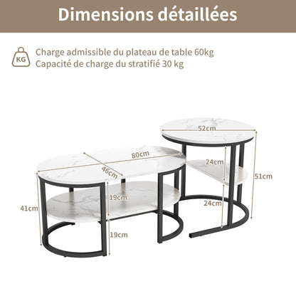 Salontafel – Bijzettafel – Koffietafel – Tafelset – Nesting tafels – Ruimtebesparend – MDF Marmeren Fineer – Zwart Metalen Frame – Set van 2 – Modern Ronde Design – Black2