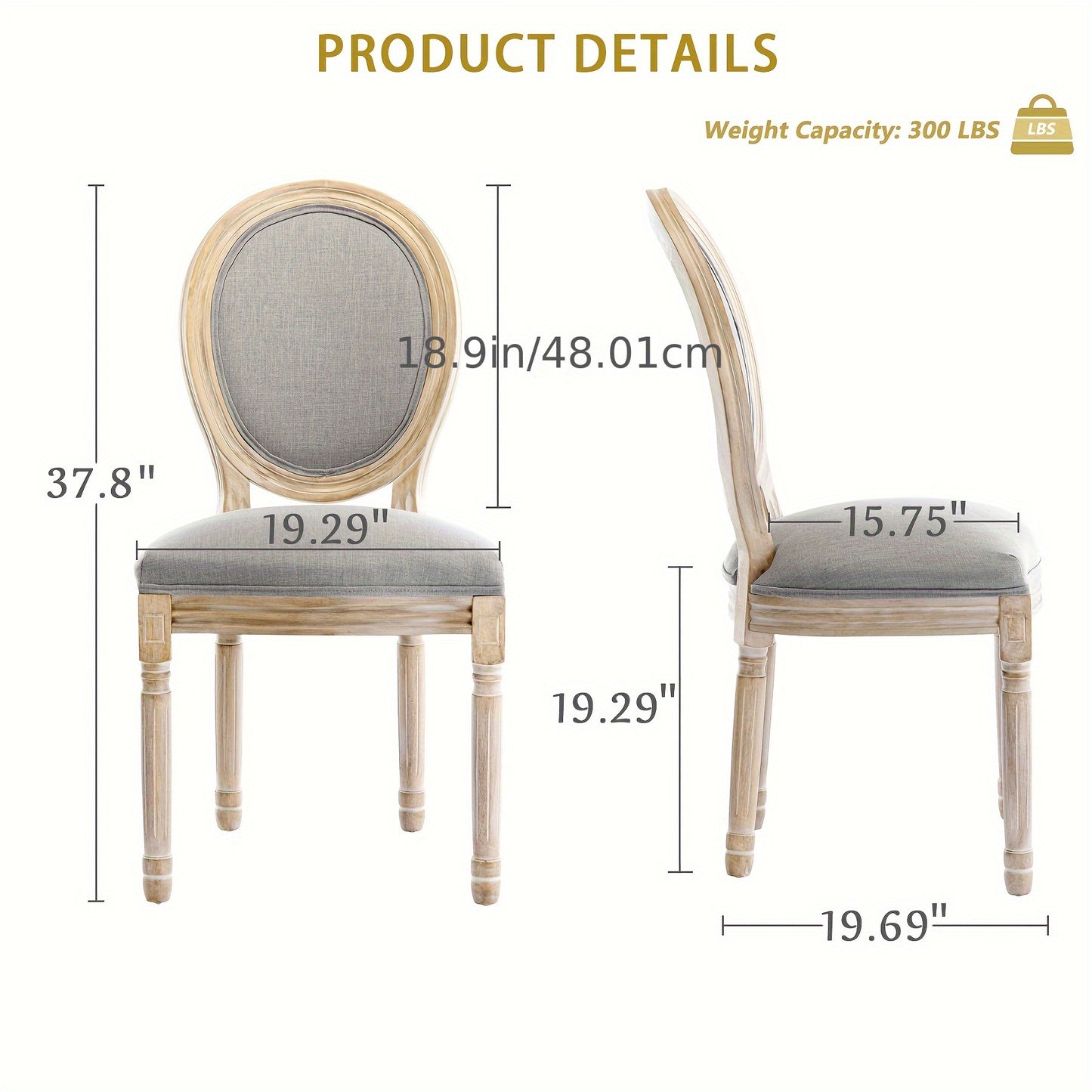 Vintage stoel – Chaise – Eetkamerstoel – Balkonstoel – Relaxstoel – Ergonomische ovale rugleuning – Ademend linnen stof – Stevig hardhouten frame – Grijs – 2 stuks