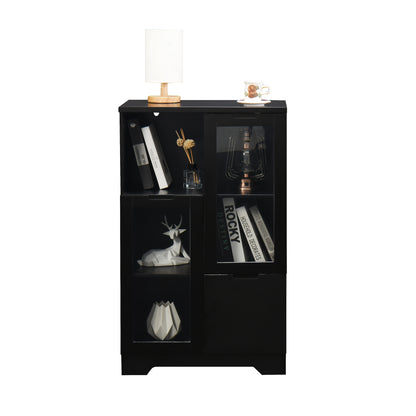 Modern Black MDF Wardrobe with Glass Doors & Drawer - -Standing Tall Cabinet, Open Shelving & Closed Storage (≥3.2 Cu Ft), Self-Assembling Particle Board Dresser for Bedroom/Living Room, 68.58cm+ Height, Wood-Free MDF, Base