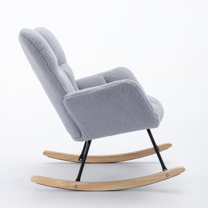 Mid-Century Modern Teddy Cloth Rocking Chair with Tufted Cover And Upholstered Seat for Living Room And Bedroom, Light Gray