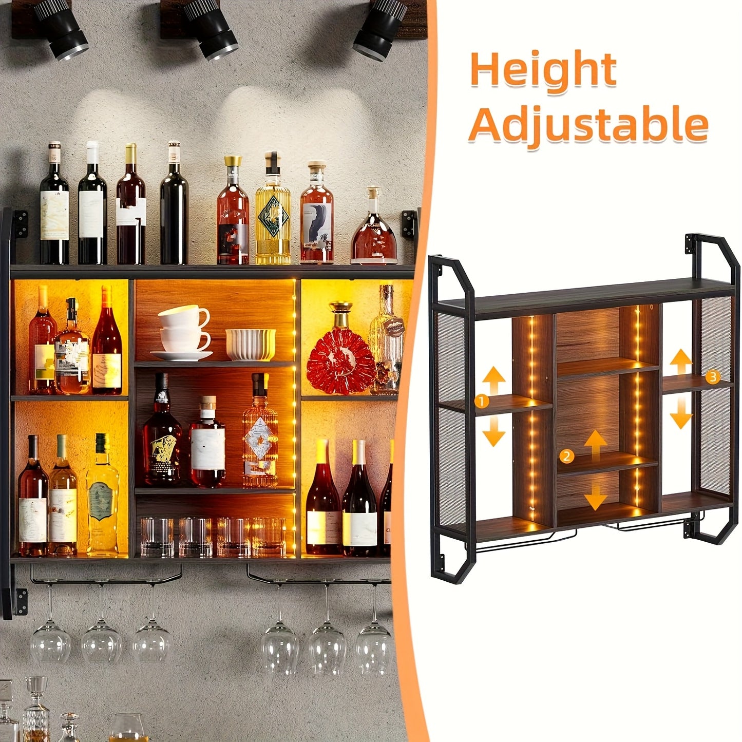 Wijnrek Wand – Wandwijnrek – Wijnrek Met Glazenhouder – Wandrek Voor Wijnflessen – Wandrek Met Verstelbare Planken – Zwart Metaal En MDF – Compact 90x90 cm – Robuust En Stabiel