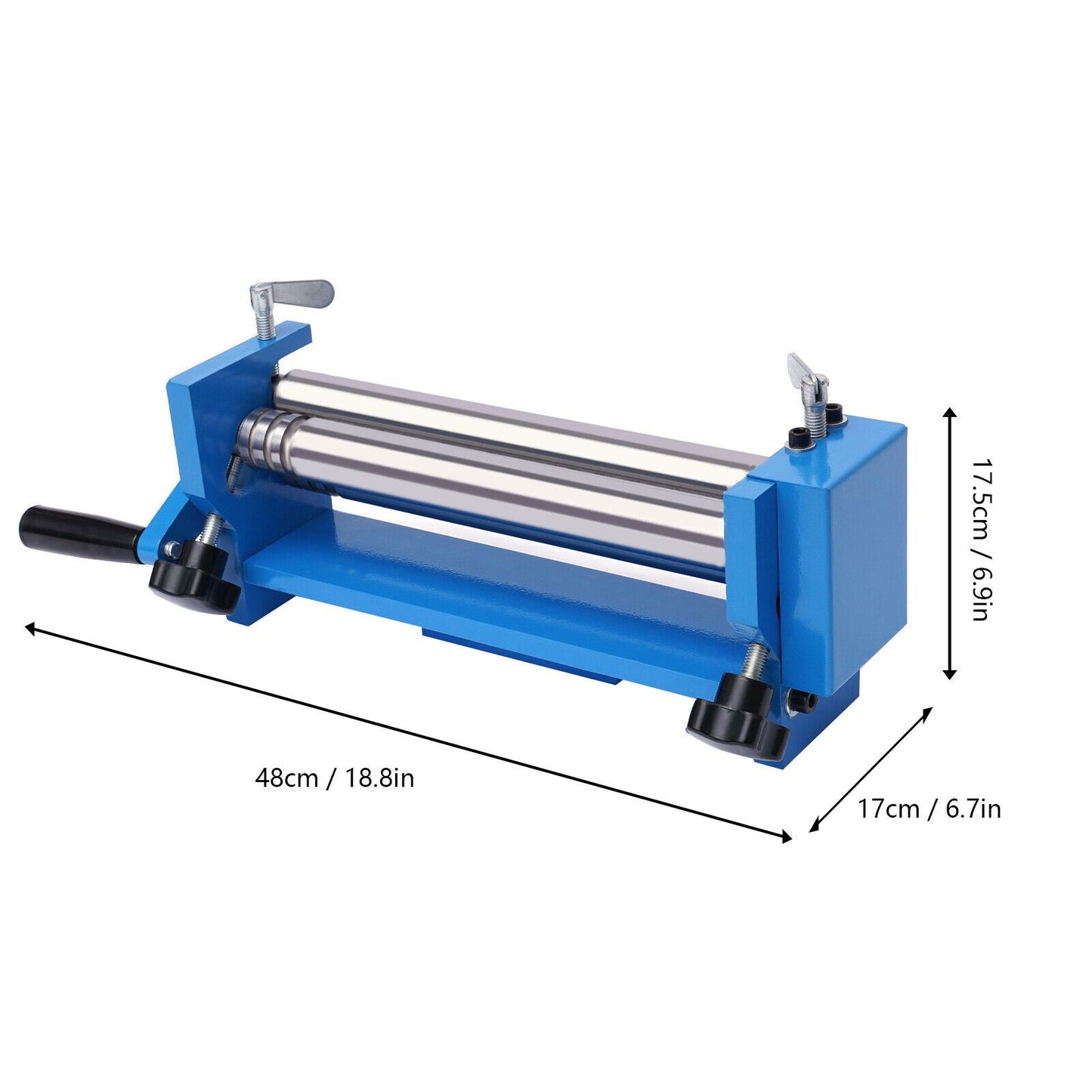 Buigmachine drie-rollen – Plaatwals – Plaatbuiger – Metaalbuiger – Buigapparaat – Handmatige bediening – Werkbreedte 300 mm – Geheel metalen constructie – Blauw