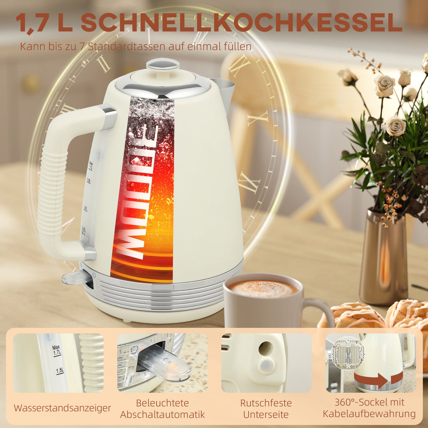 Waterkoker en Broodrooster Set – Waterkoker, Toaster, Ontbijtset, Broodrooster 4 Sleuven – Cream Variant – 1,7 Liter Capaciteit – 7 Bruiningniveaus en Kalkfilter