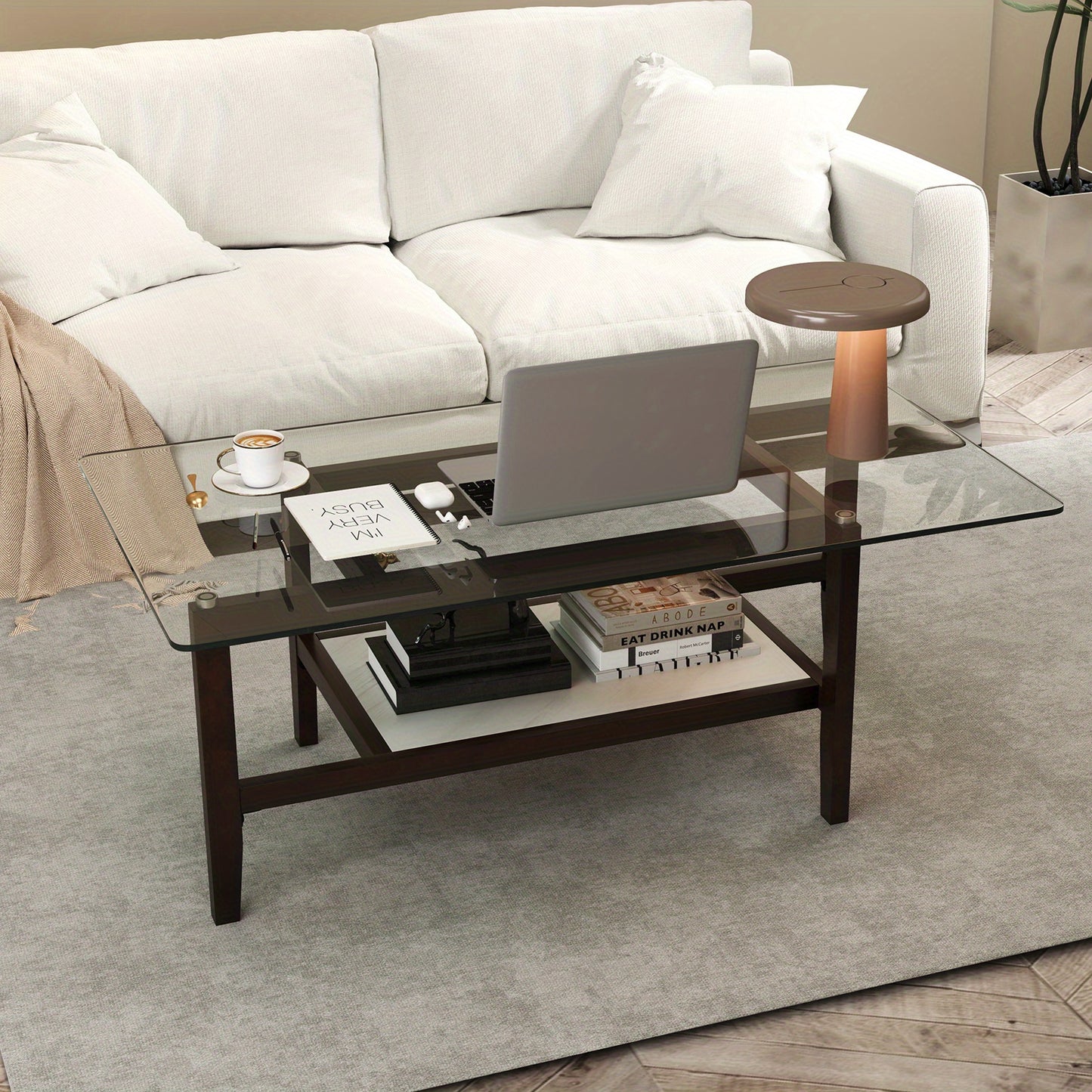 Salontafel – Koffietafel – Woonkamertafel – Bijzettafel – Tafel – Gehard Glasblad – 2-Tier Opbergruimte – Stevige Rubberhouten Poten – 107 x 60 x 42 cm – Mdf Frame