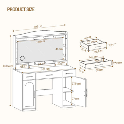 Kaptafel – Make-up Tafel – Dressingspiegel – Toilettafel – Beautymeubel – Klassiek Wit – Grote HD Spiegel – Verstelbare 3-Kleurige LED Verlichting – 5 Lades & 2 Open Vakken – 40x108x149 cm – Houten Constructie
