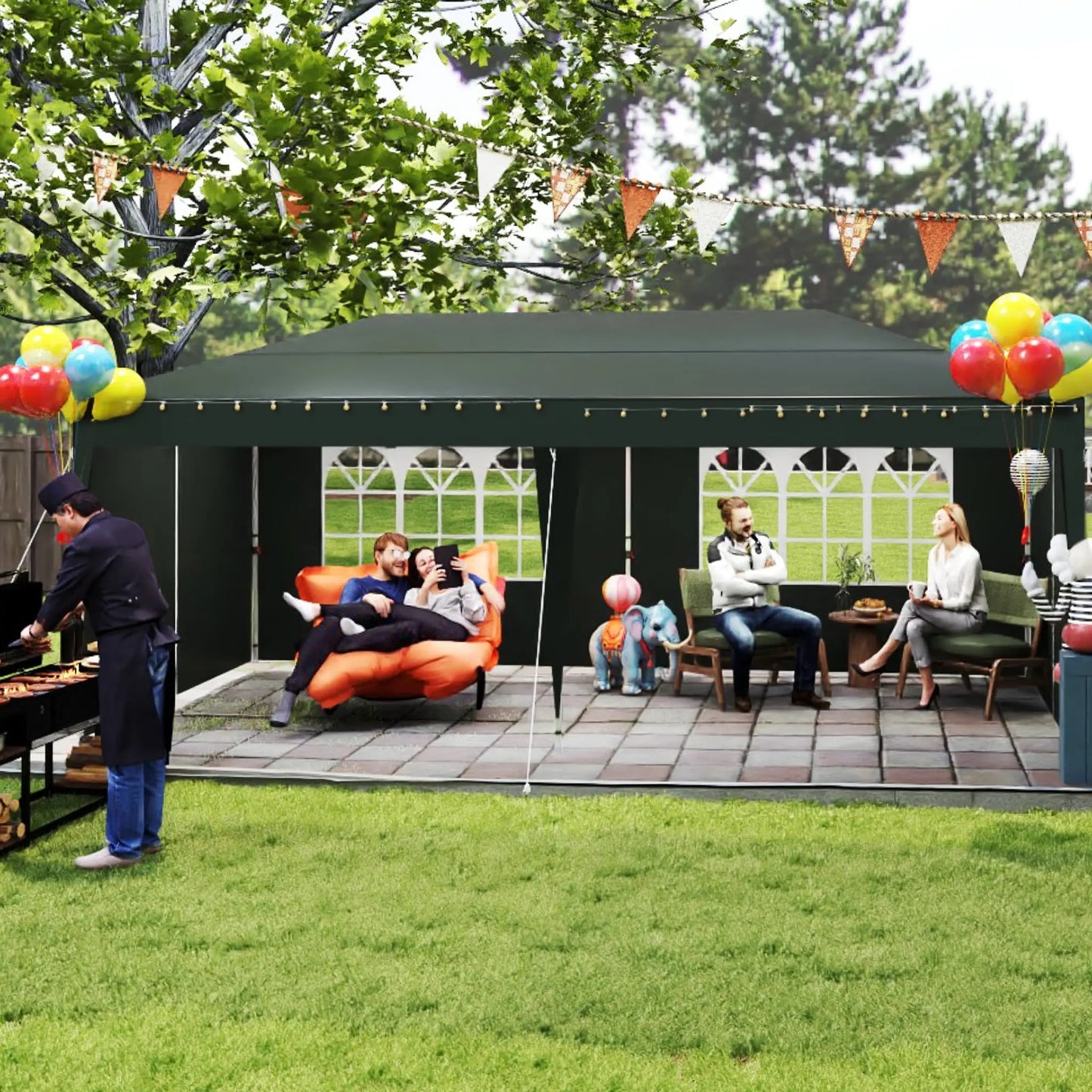 Tuinpartytent – Tuinpaviljoen – Partytent – Buitentent – Paviljoen – 3x6 Meter – Verstelbare Hoogte – Waterdicht Oxford Polyester – Stevig Stalen Frame – 4 Zijpanelen Met Ritsen – Groene Variant
