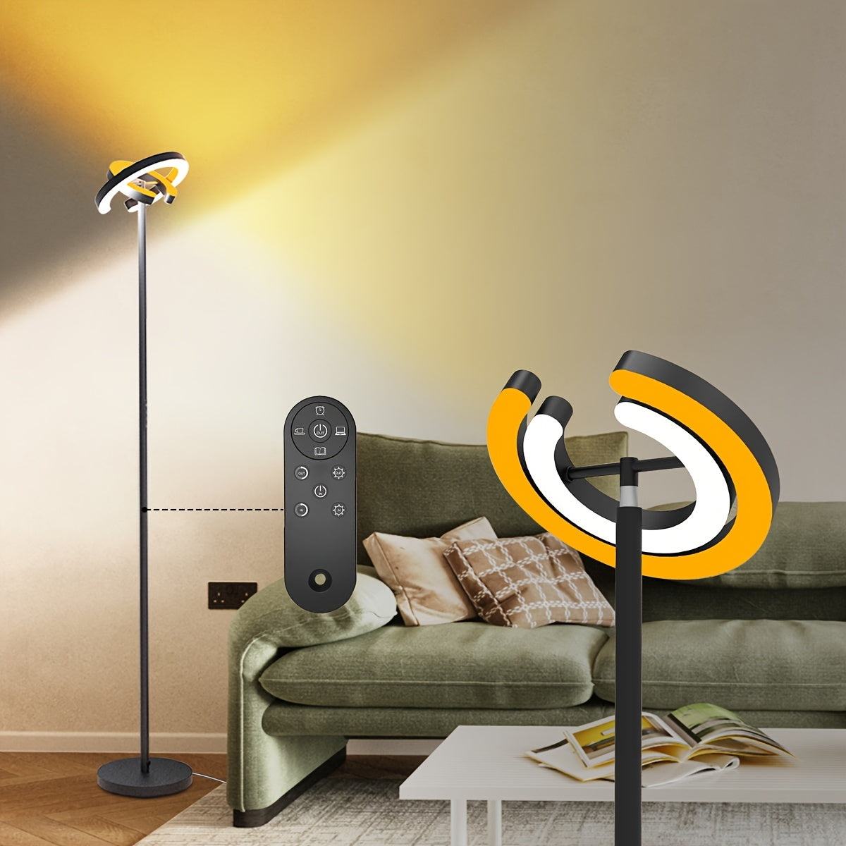 LED Vloerlamp – Staande Lamp – Sfeerverlichting – Vloerlicht – Moderne Lamp – Zwart – Dimbare Warmte Tot Koel Wit Licht 1900K-6500K – 312° Draaibare Dubbele Ring Met Afstandsbediening En Touchbediening