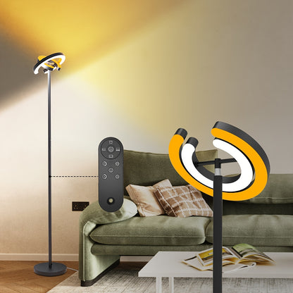 LED Vloerlamp – Staande Lamp – Sfeerverlichting – Vloerlicht – Moderne Lamp – Zwart – Dimbare Warmte Tot Koel Wit Licht 1900K-6500K – 312° Draaibare Dubbele Ring Met Afstandsbediening En Touchbediening