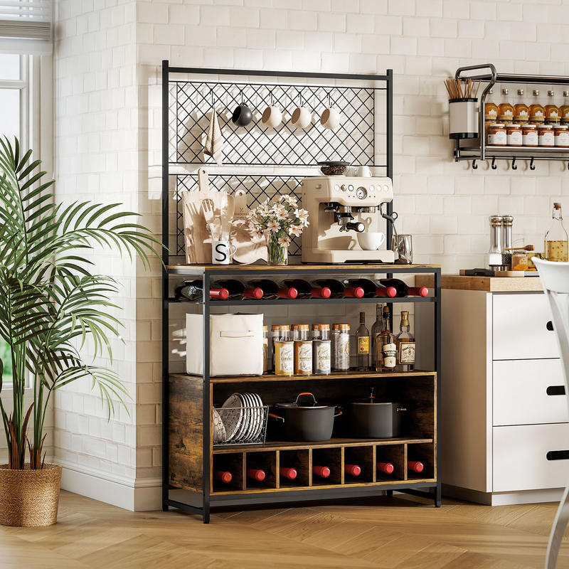 Wood Spice Rack Kitchen Shelf with Work Surface & Cabinet Door Storage - 5-Hook Hanging System, Space-Saving Vertical/under-Cabinet Unit for Spices, Pots, Pans - Compact Square Shelf (Compatible with Small Kitchens)