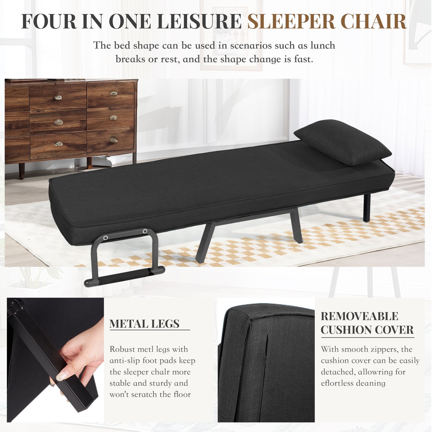 Fauteuilbed – Relaxstoel – Slaapstoel – Slaapbank – Opvouwbare Fauteuil – Metalen Frame Tot 150kg – Memory Foam Kussen