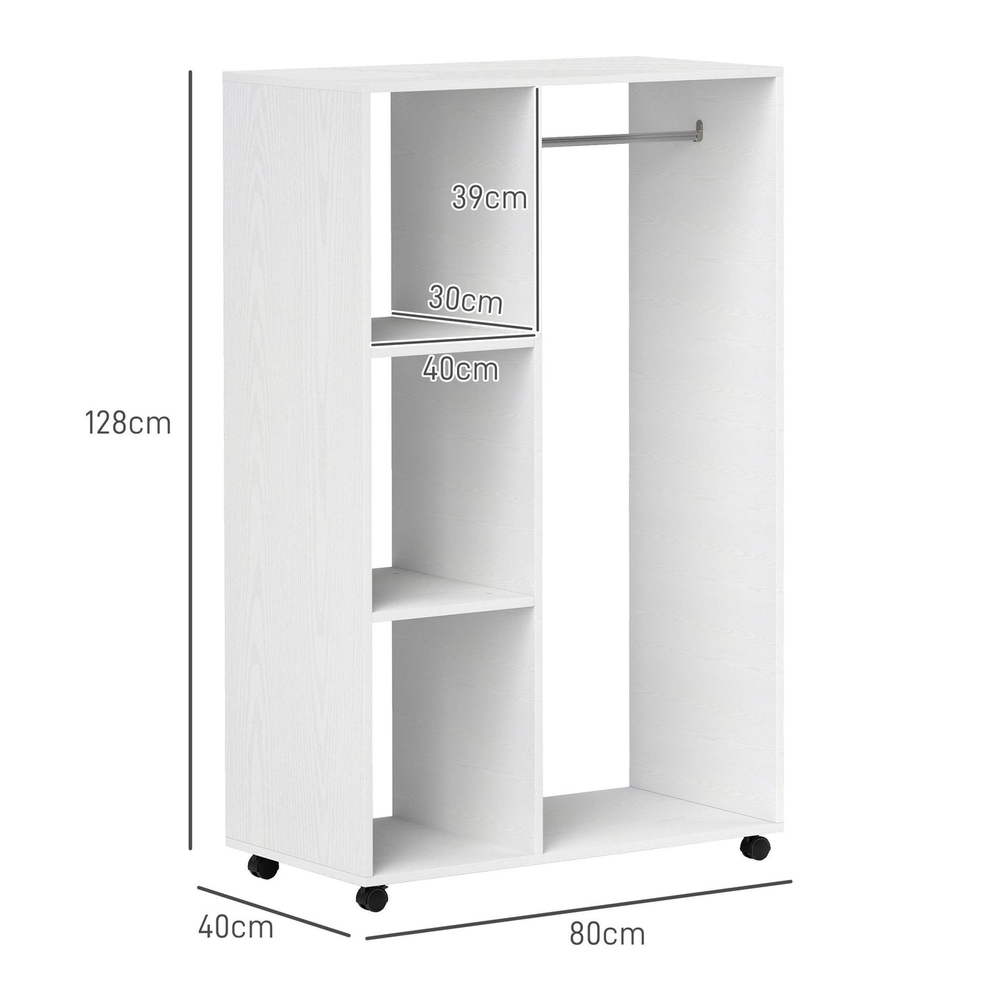 Rollende Kledingkast – Mobiele Kast – Kledingrek Op Wieltjes – Opbergkast – Garderobekast – Compact 80x40x128 cm – Stevig Wit Frame