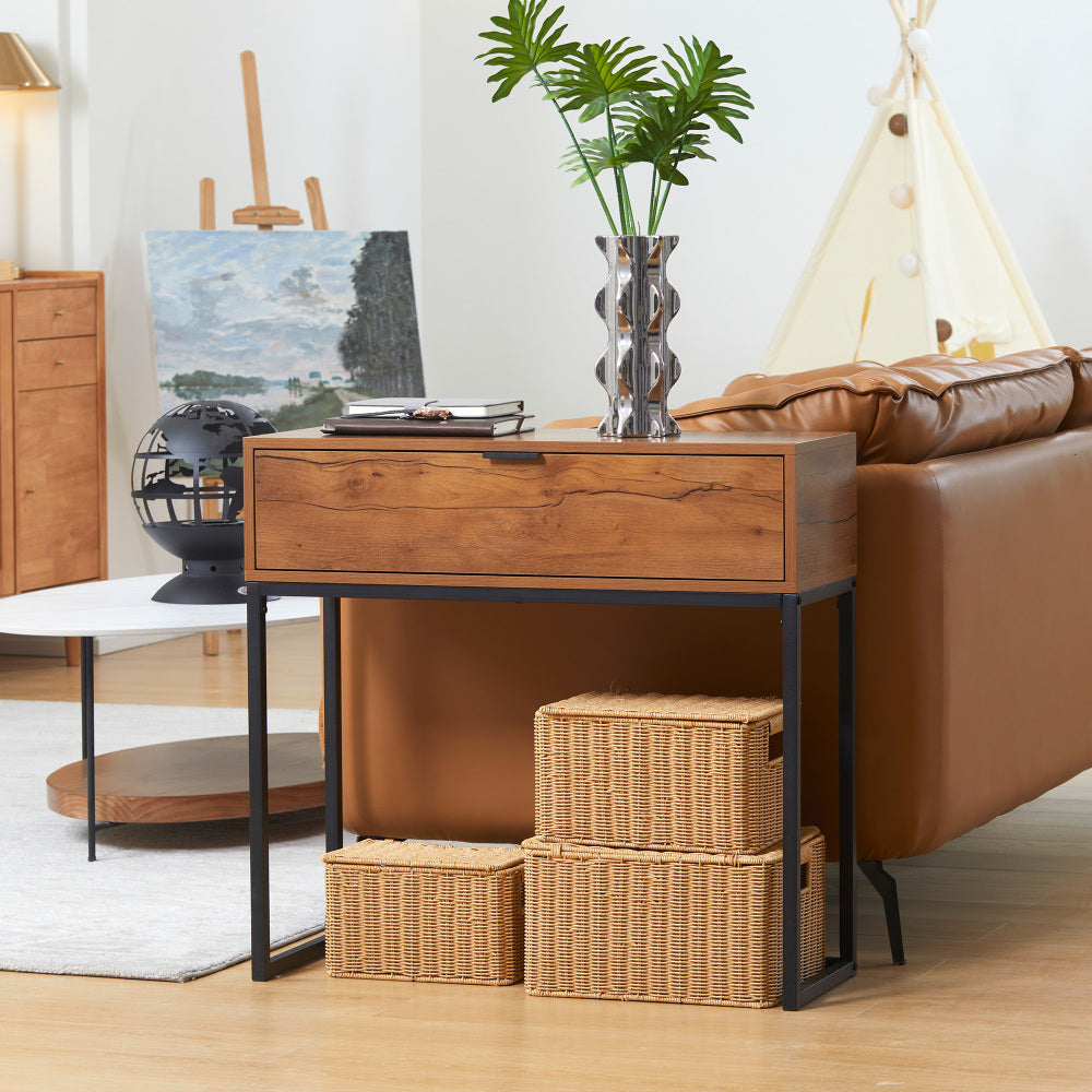 Sidetable – Consoletafel – Haltafel – Wandtafel – Bijzettafel – Stalen Frame – Compact 80x30x76 cm – Zwart/Naturel Met Wit Accent – Met 2 Laden – Eenvoudige Montage