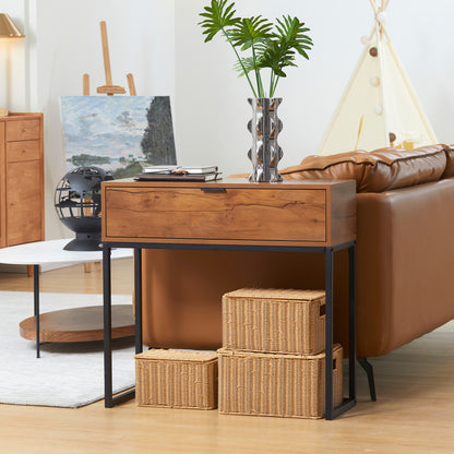 Sidetable – Consoletafel – Haltafel – Wandtafel – Bijzettafel – Stalen Frame – Compact 80x30x76 cm – Zwart/Naturel Met Wit Accent – Met 2 Laden – Eenvoudige Montage