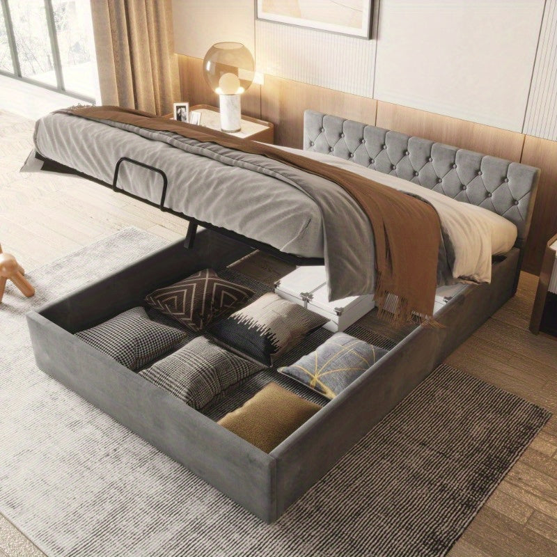 Bedframe – Tweepersoonsbed – Gestoffeerd Bed – Slaapbank – Opbergbed – Fluweel Grijs – 140x200 cm – Hydraulische Opbergruimte