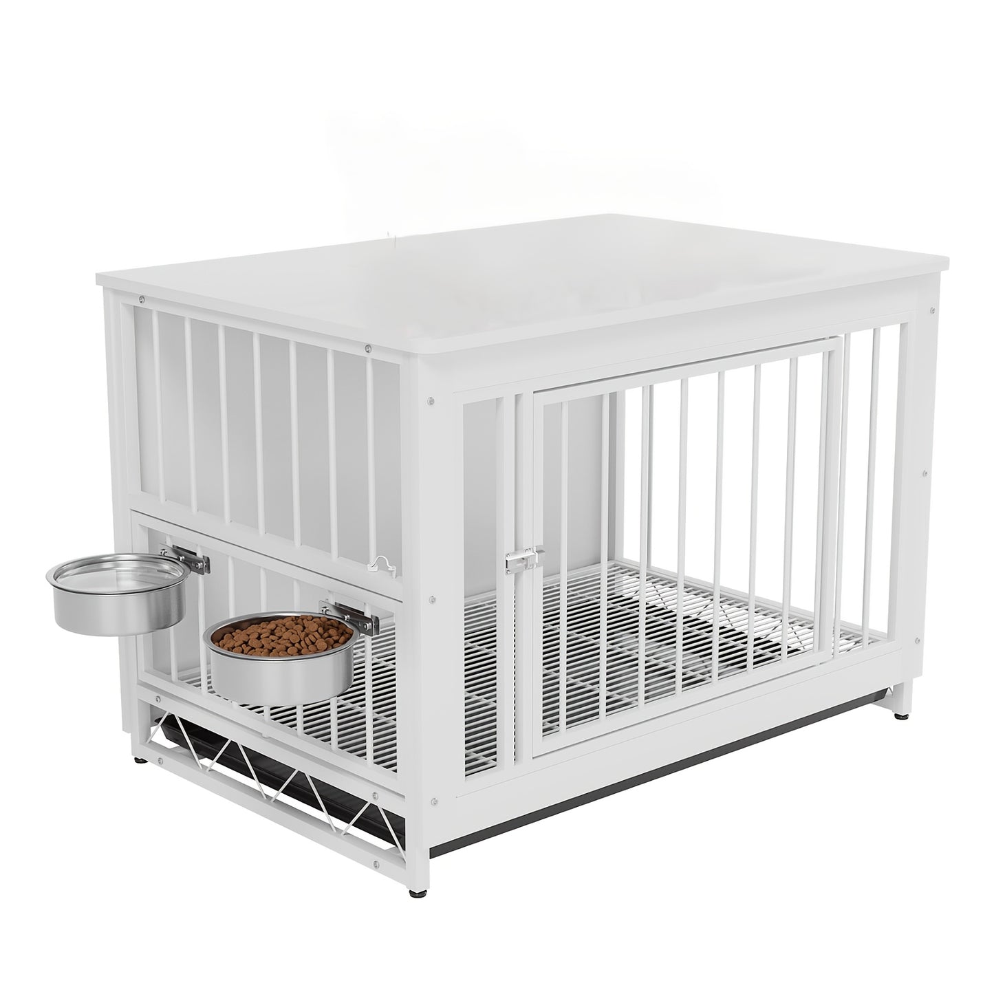 Hondenkooi – Hondenbench – Hondenhok – Hondenbox – Hondenkennel – Hout & Staal – 93x64x58 cm – Inclusief 2 Rvs Voerbakken & Verwijderbare Lade