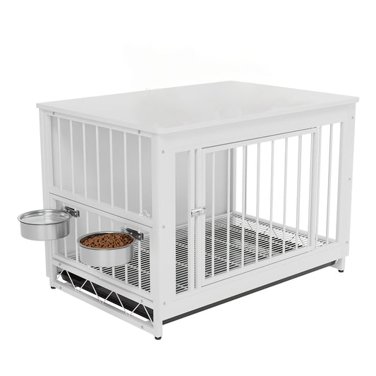 Hondenkooi – Hondenbench – Hondenhok – Hondenbox – Hondenkennel – Hout & Staal – 93x64x58 cm – Inclusief 2 Rvs Voerbakken & Verwijderbare Lade