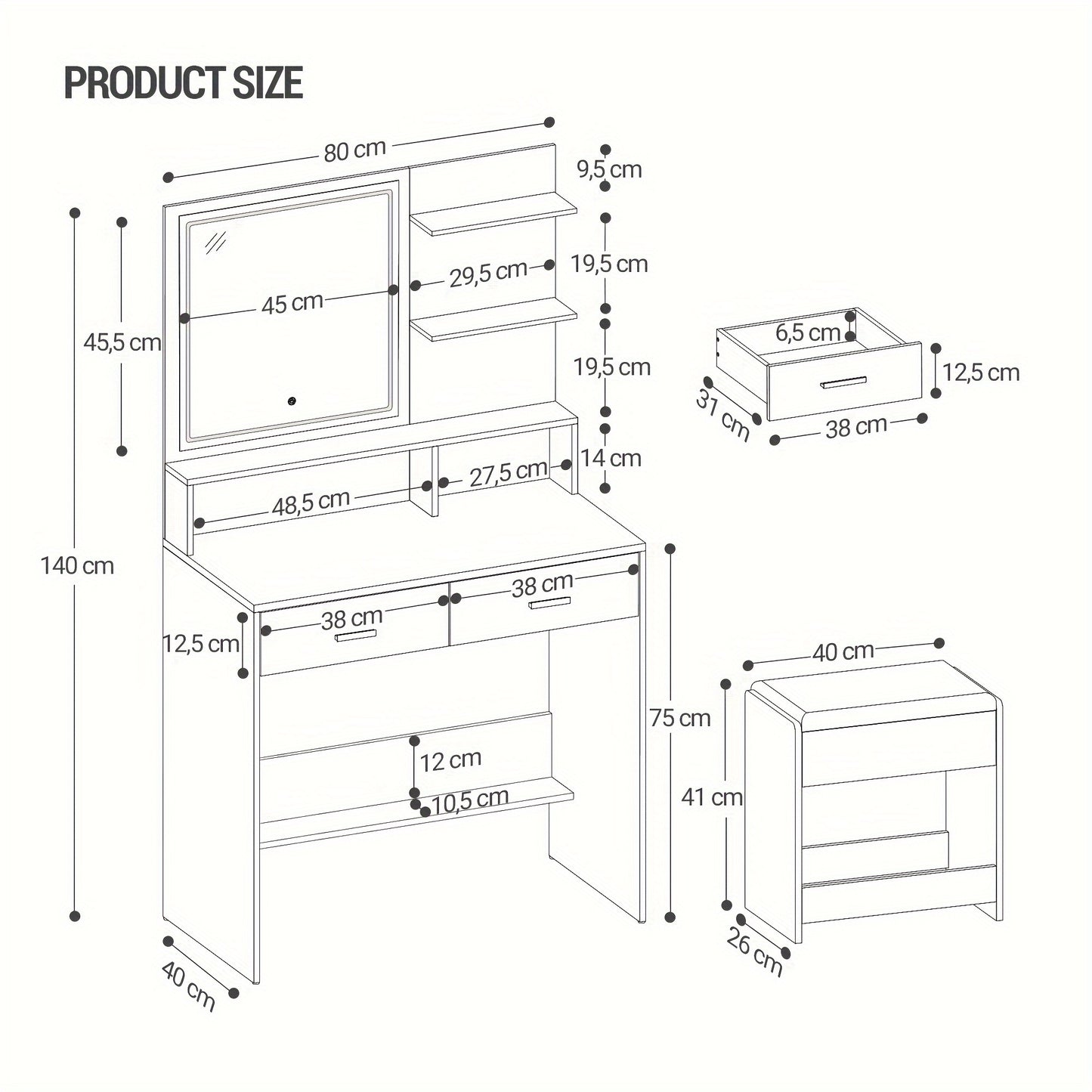 Make-up Tafel – Schminktisch – Beautytafel – Vanity Table – Make-up Bureau – Wit – Verstelbare LED-Verlichting – Stopcontacten & USB-Poorten