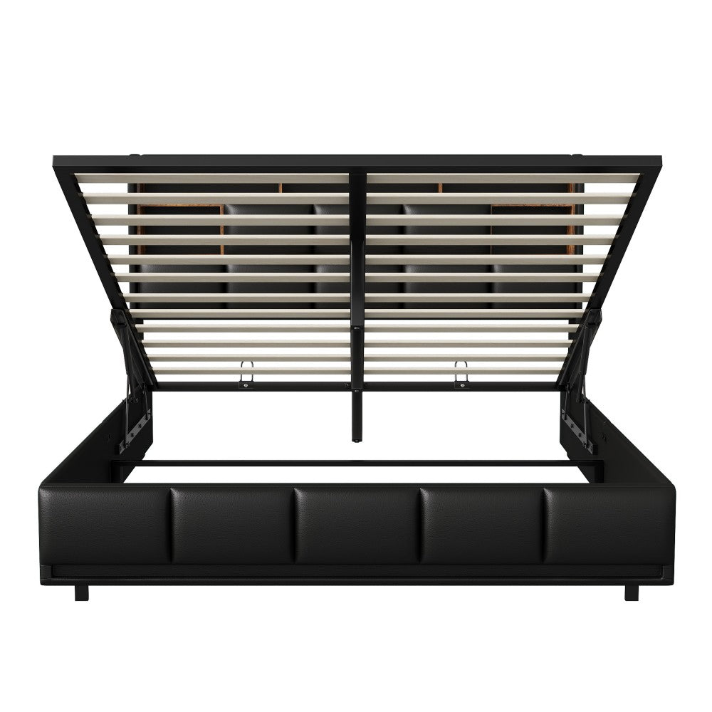 Opbergbed – Gestoffeerd Bed – Tweepersoonsbed – Stapelbed – Slaapbank – Met LED-Verlichting en USB-C Poorten – Met Gasveer en Ruime Opbergruimte – Met PU Bekleding en Metalen Frame – 160x200 cm – Zonder Matras
