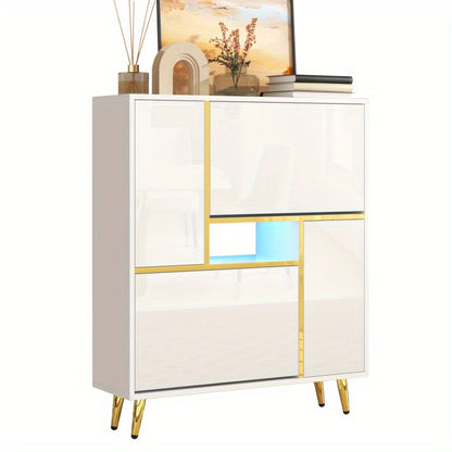 Schoenenkast – Schoenenrek – Schoenenopberger – Schoenenmeubel – Schoenenbank – Hoogglans Front – 16-Kleuren LED Verlichting – 80x25x96 cm – Draagkracht 4 kg – Gouden Metalen Frame – Ruimtebesparend Design
