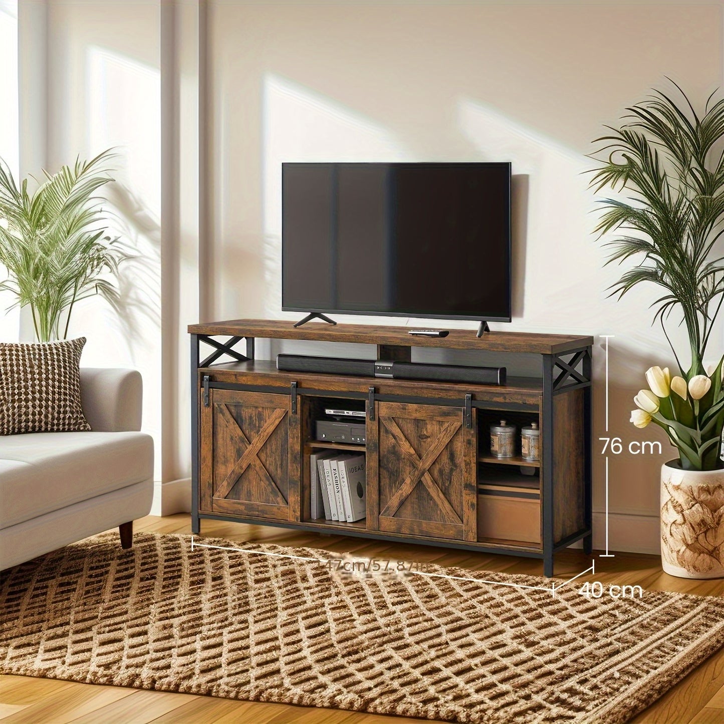 Stand Cabinet, 165.1 cm TV Stand, with Adjustable Shelves, Barn Doors, Farmhouse Design, Metal Frame