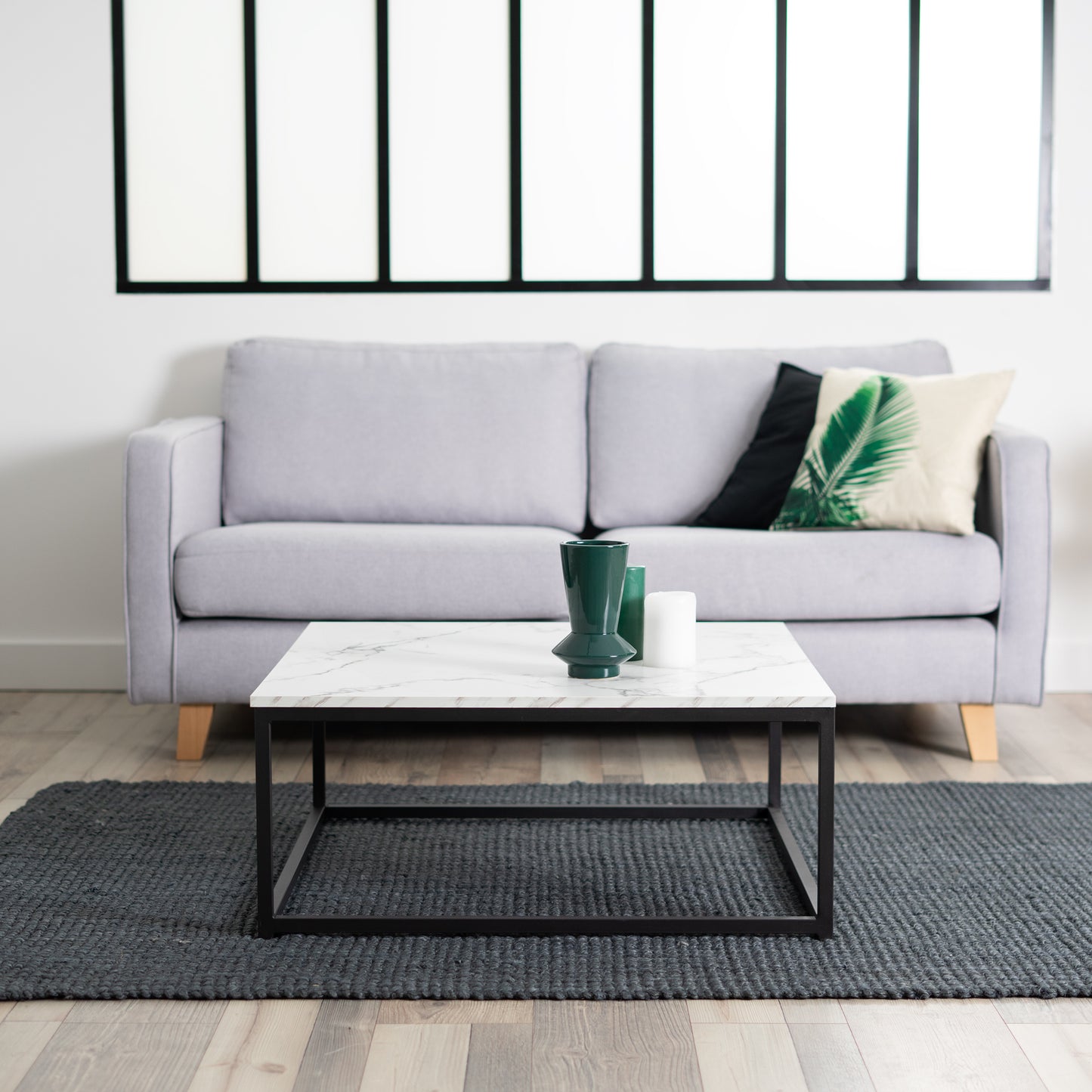 Salontafel – Koffietafel – Tafeltje – Woonkamertafel – Bijzettafel – Zwart – Marmerlook MDF – Industrieel Design – 80x80x34 cm – Stevig Metalen Frame – Eenvoudig Montuur