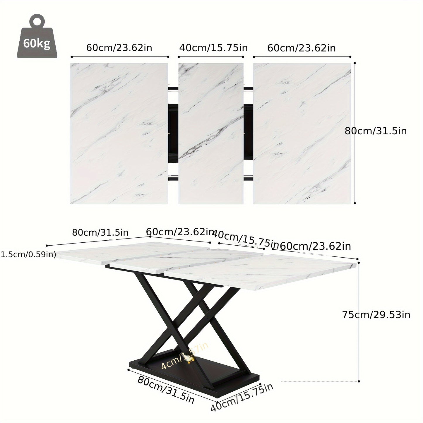 Uitklaptafel – Klaptafel – Inklapbare Tafel – Uitschuifbare Eettafel – Ruimtebesparende Design – 120-160x80 cm – Wit Marmerlook Met Walnoot – Zwarte Gekruiste Metalen Poten