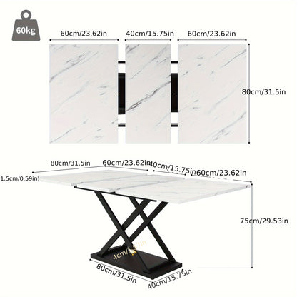 Uitklaptafel – Klaptafel – Inklapbare Tafel – Uitschuifbare Eettafel – Ruimtebesparende Design – 120-160x80 cm – Wit Marmerlook Met Walnoot – Zwarte Gekruiste Metalen Poten