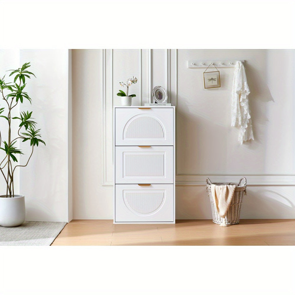 Modern White Narrow Shoe Cabinet with 3-Tier Shelves & Baffles - Space-Saving Vertical -Standing MDF Shoe Storage Unit, Golden-Like Label-Compatible for Hallway, Living Room, Entryway - Compact Shoe Rack (60x24x114cm), Shoe S