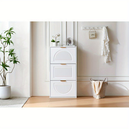 Modern White Narrow Shoe Cabinet with 3-Tier Shelves & Baffles - Space-Saving Vertical -Standing MDF Shoe Storage Unit, Golden-Like Label-Compatible for Hallway, Living Room, Entryway - Compact Shoe Rack (60x24x114cm), Shoe S