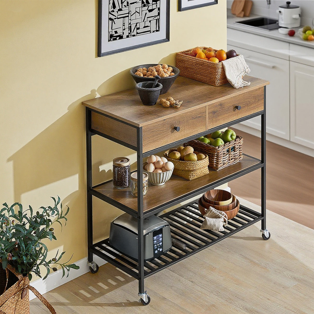 Keukentrolley – Serveerwagen – Mobiele Trolley – Barwagen – Keukenrek – Industrieel Design – Vintage Look – 2 Laden en 2 Open Planken – 4 Zwenkwielen met Rem