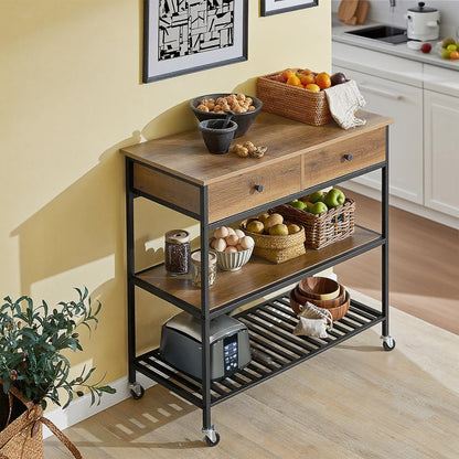 Keukentrolley – Serveerwagen – Mobiele Trolley – Barwagen – Keukenrek – Industrieel Design – Vintage Look – 2 Laden en 2 Open Planken – 4 Zwenkwielen met Rem