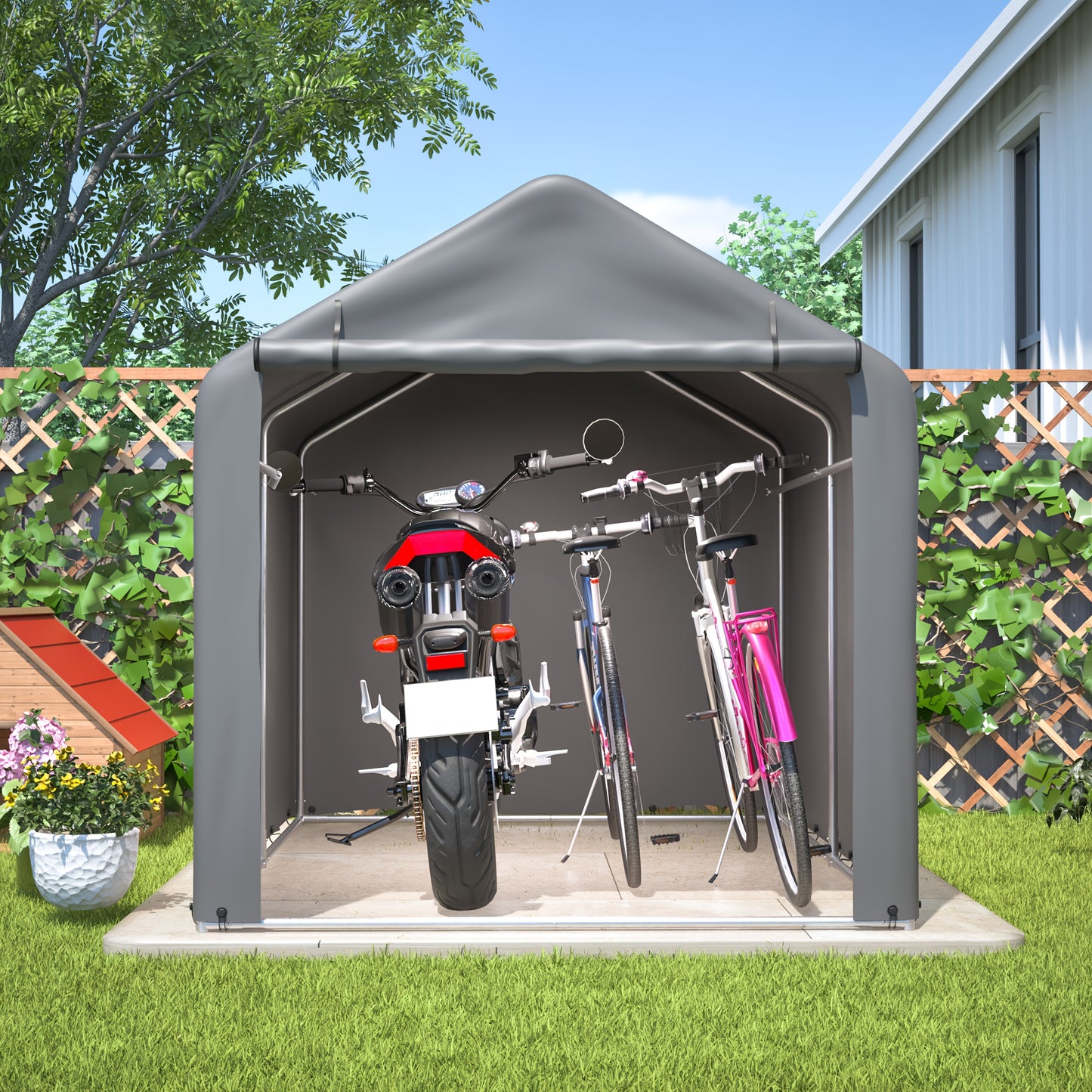 Fietsenberging – Fietsenhok – Tuinschuur – Opberghok – Grijs – 160x220x165 cm – Roldeur – Lichtgewicht & Weerbestendig