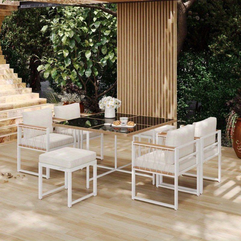 Tuinset – Diningset – Bistroset – Buitenmeubelset – Loungeset – 7-delig – 6 Personen – Tafel met Gehard Glas – Stoelen met PE Rattan en Acacia Hout