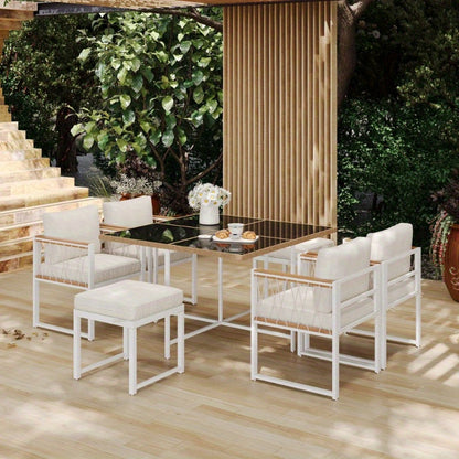Tuinset – Diningset – Bistroset – Buitenmeubelset – Loungeset – 7-delig – 6 Personen – Tafel met Gehard Glas – Stoelen met PE Rattan en Acacia Hout