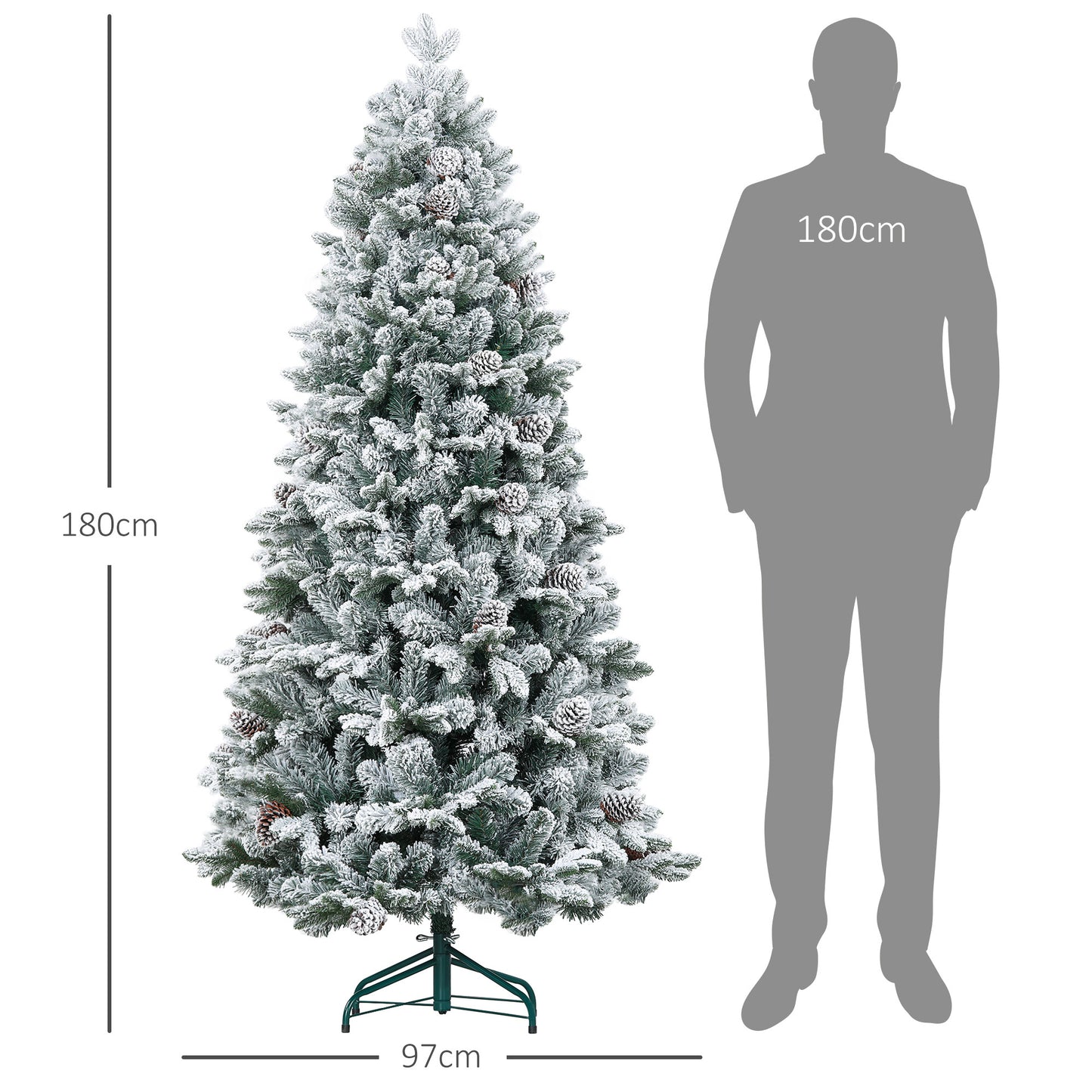 Kunstkerstboom – Kunstmatige Kerstboom – Kerstboom Met Takken – Decoratieve Kerstboom – Sneeuwkerstboom – 180 cm Hoog – 1489 Takken Met Denappeldecoratie
