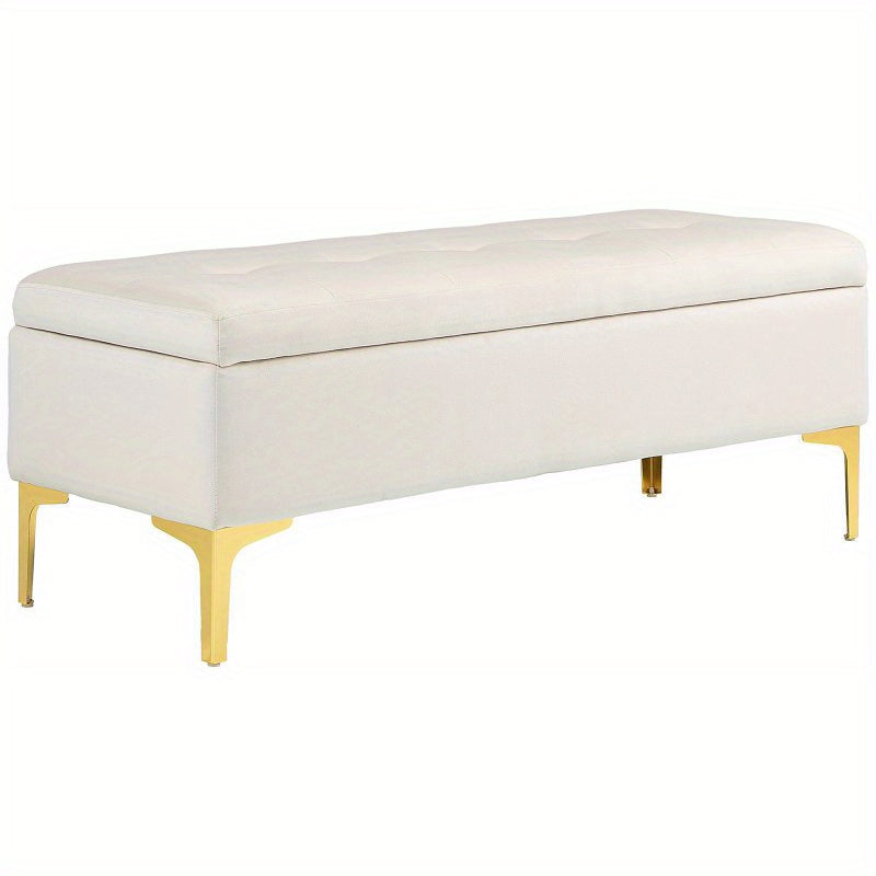Opbergbankje – Zitbank – Opbergkist – Halbank – Poef – Beige Gestoffeerd – Met Opbergruimte – 120x44x44,5 cm – Met Goudkleurige Metalen Poten
