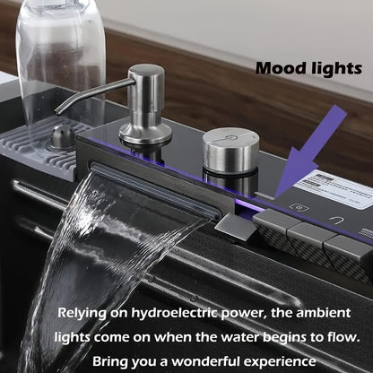 1 Set Digital Display Waterfall Sink Single Bowl kitchen Sinks, Stainless Steel Bar Sink With Pull Down Sprayhead Faucet, Smart Modern Kitchen Sink With Full Set Of Accessories, Gun Gray