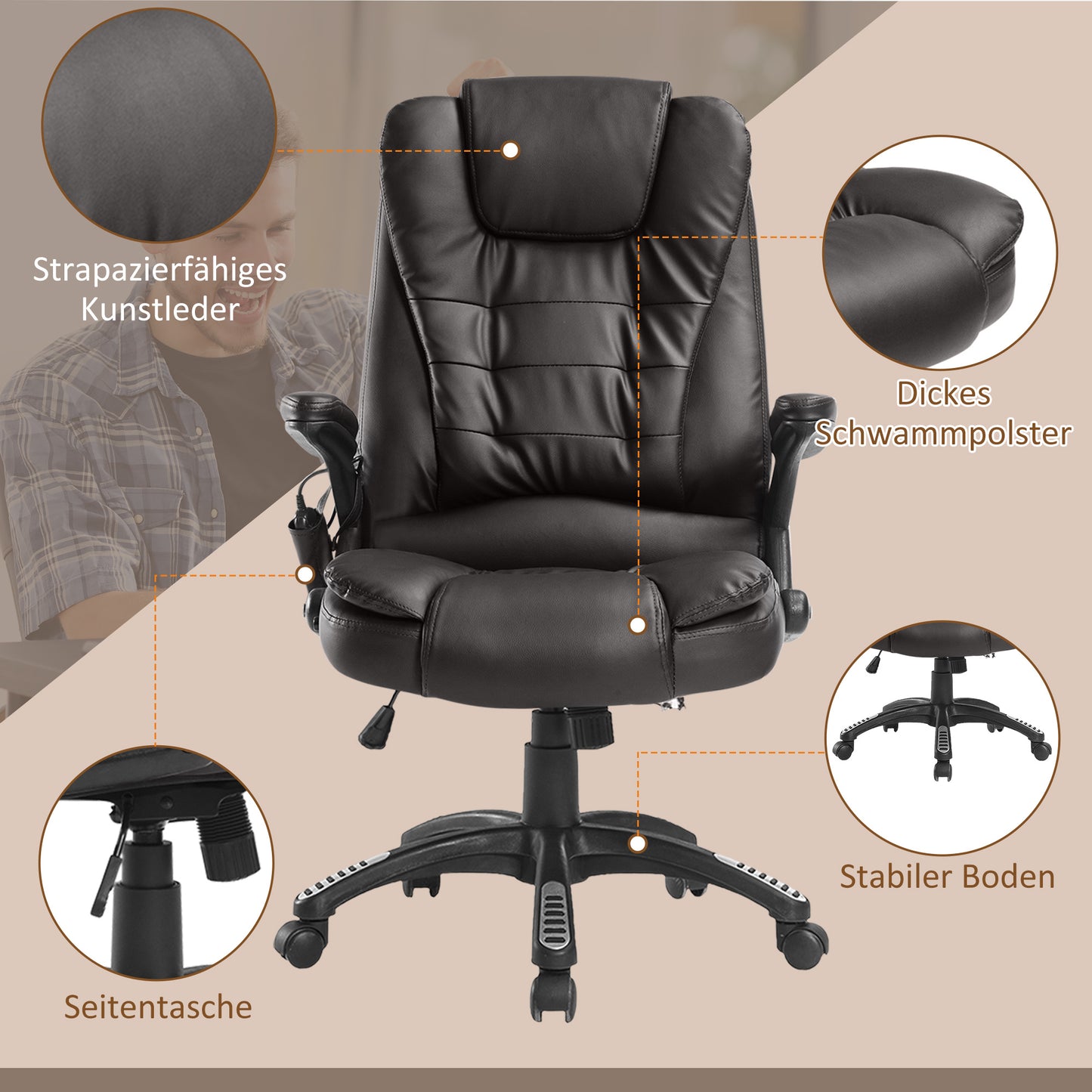 Ergonomische Bureaustoel – Bureaustoel Met Massage – Draaistoel – Bureaustoel Met Verwarming – Kantoorstoel – Hoogte Verstelbaar – Bruin Kunstleer