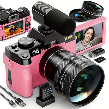 Vlogcamera – Digitale Camera – Compactcamera – Fotocamera – Video Camera – 48MP Sensor – 4K Video & 16x Zoom – Wifi & App Bediening – Anti-Shake – Inclusief 32GB Kaart – Dubbele Batterijen – Roze
