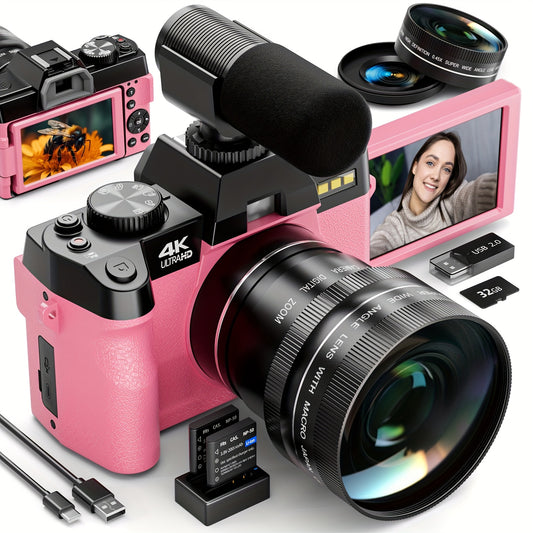 Vlogcamera – Digitale Camera – Compactcamera – Fotocamera – Video Camera – 48MP Sensor – 4K Video & 16x Zoom – Wifi & App Bediening – Anti-Shake – Inclusief 32GB Kaart – Dubbele Batterijen – Roze