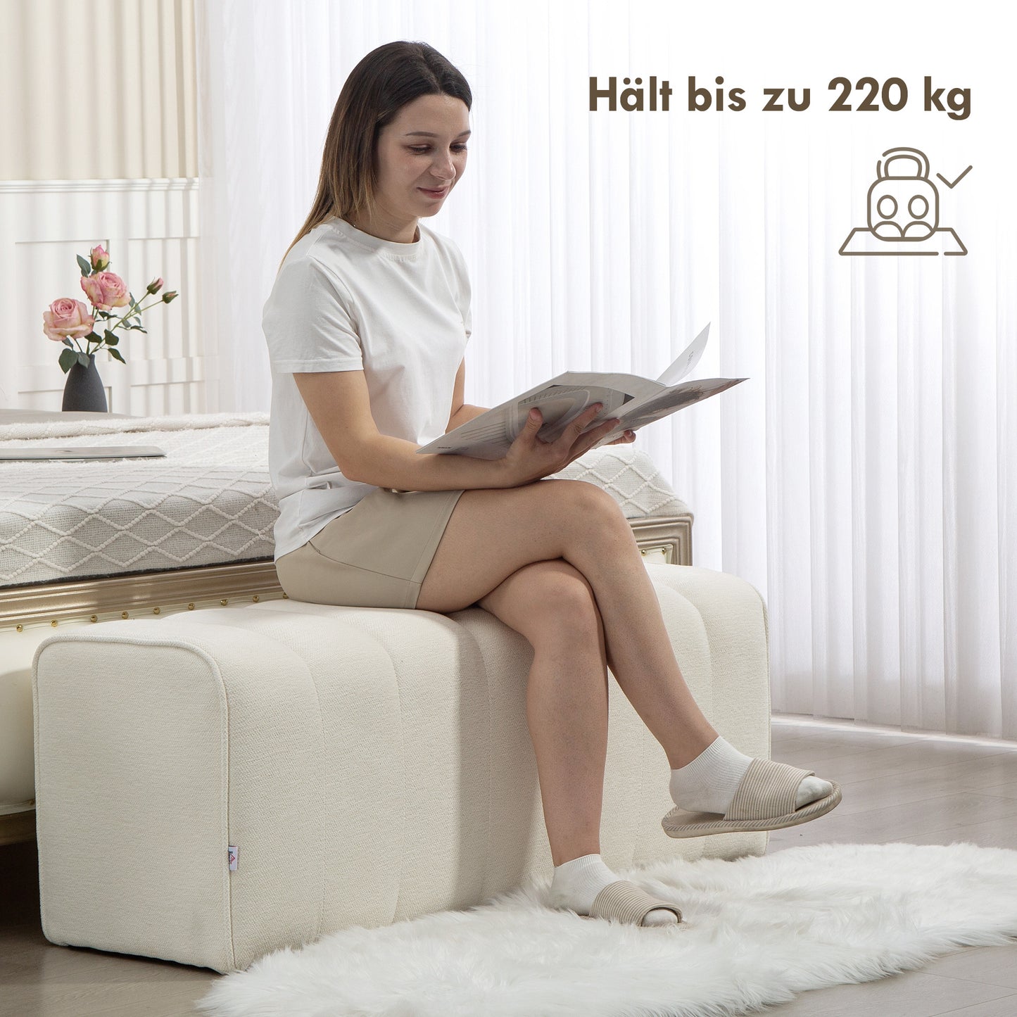 Moderne Slaapkamerbank – Voetbank – Zitbank – Meubelbank – Bedbank – Crèmekleur – Stevig Houten Frame – Voetsteunfunctie – Draagvermogen 220 kg
