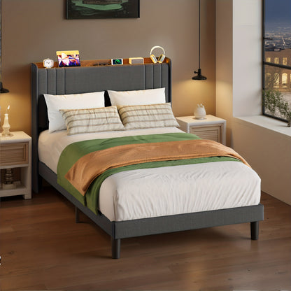 Tweepersoonsbed – Bedframe – Slaapbank – Opbergbed – Hoogslaper – 120x200 cm – Stijlvol Beige – Met Opbergruimte Hoofdbord – Stevig Hout-Metaal Frame