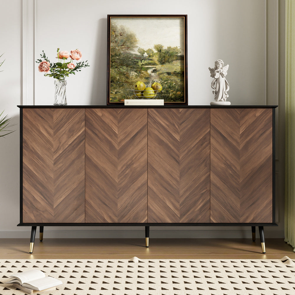 Dressoir – Opbergkast – Kast – Ladekast – Wandkast – Modern Design – Verstelbare Planken – Metalen Poot – Bruin Visgraat – Ruimtebesparend – Duurzaam